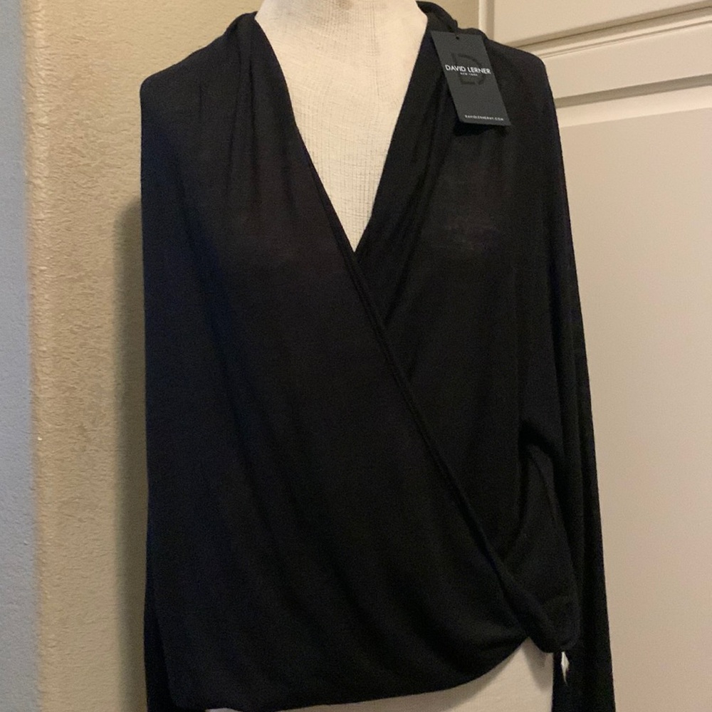 David Lerner New York Black Wrap Blouse Top Shirt Small S